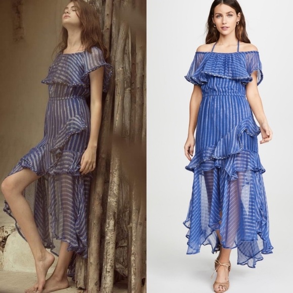 MISA Ambrosia Ruffle Hem Striped Midi Dress‎ Metallic Gold Royal Blue Tiered NEW - Picture 1 of 14